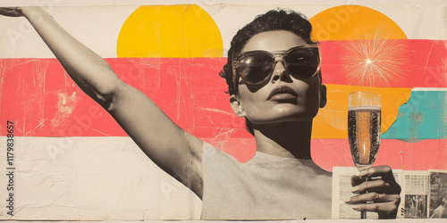 Stylish woman with sunglasses holding champagne glass, celebrating joyfully against vibrant background of colors and patterns, exuding confidence and glamour