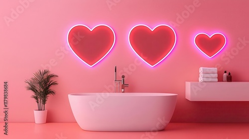 Romantic bathroom with heartshaped mirrors and soft pink lighting, Valentines decor, elegant interior, loveinspired design photo