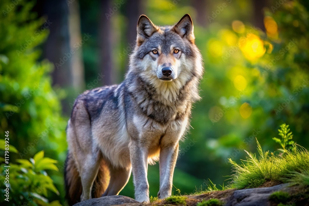 Fototapeta premium Majestic Gray Wolf Standing Tall in Wild Nature - Candid Wildlife Photography