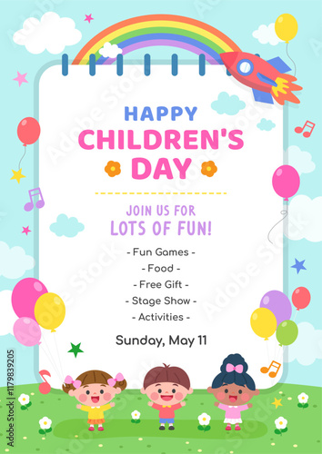 Happy Children's Day Poster invitation vector illustration. Children in the flower field with balloons flying