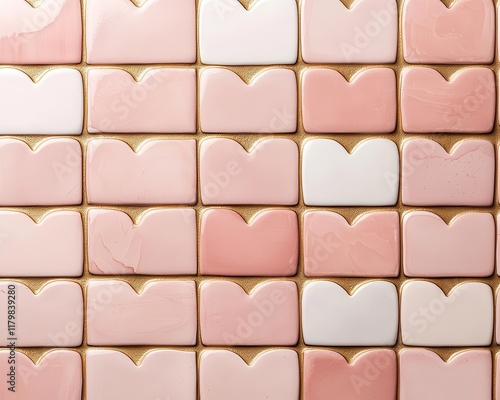 Heartpatterned shower tiles with subtle gold detailing, creating a luxurious Valentines theme, romantic detail, modern bathroom, artistic design photo