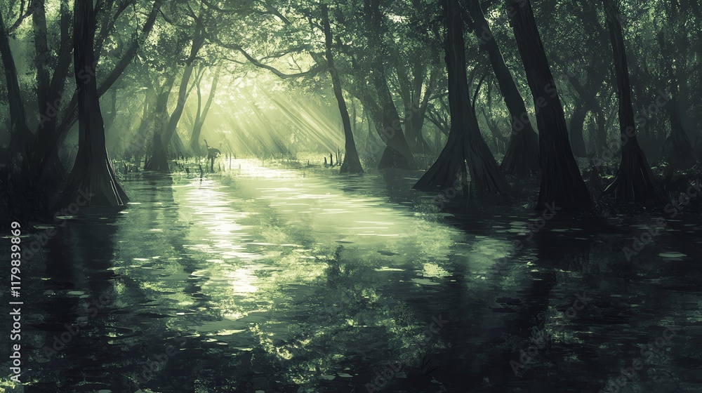 Fototapeta premium A serene swamp landscape with sunlight filtering through dense trees and reflecting on water.