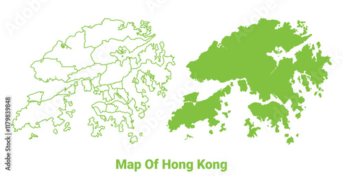 Green Hong Kong map outline and flat vector illustration