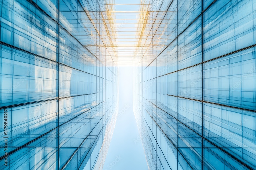 Stunning Perspective of Modern Glass Architecture with Bright Sky Reflected on High-Rise Facades in Urban Setting during Golden Hour Stunning Perspective of Modern Glass Architecture with Bright Sky Reflected on High-Rise Facades in Urban Setting during Golden Hour