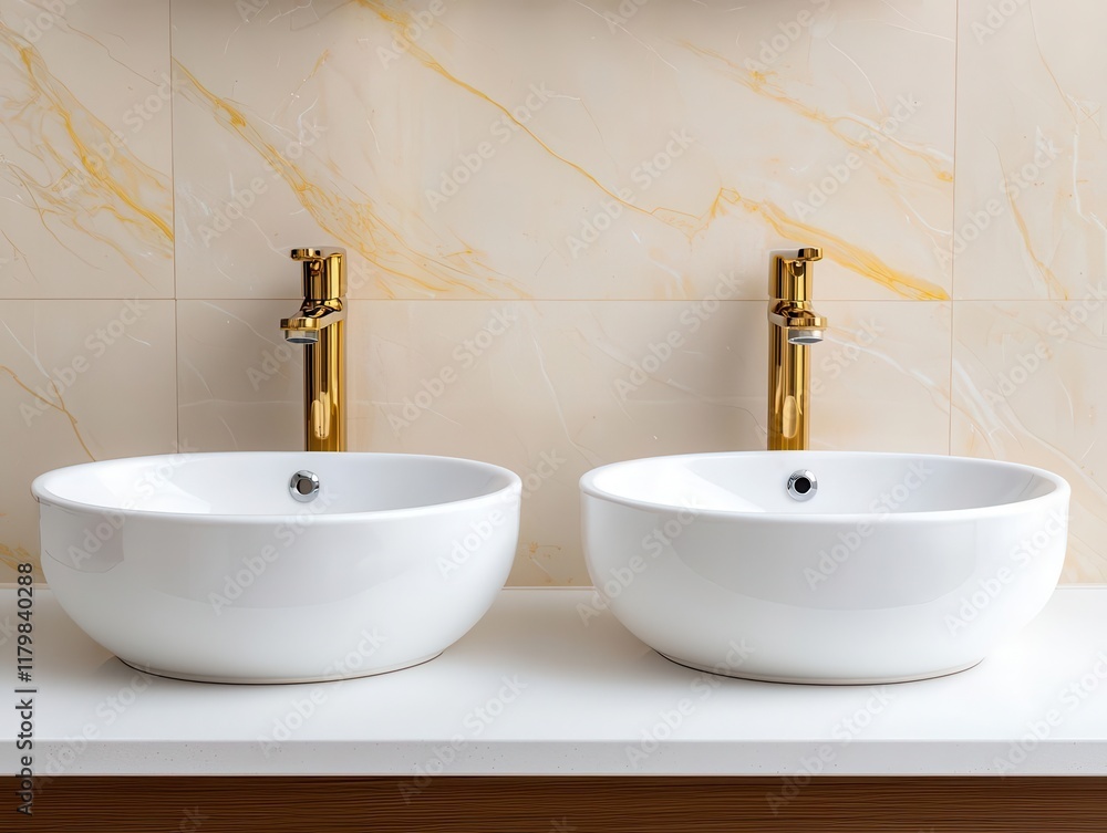 Fototapeta premium Double sinks with intertwined heart patterns on a polished countertop, romantic functionality, Valentines Day, elegant interior