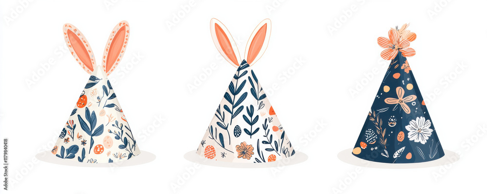 Obraz premium Easter themed party hats with floral patterns and bunny ear designs on white background