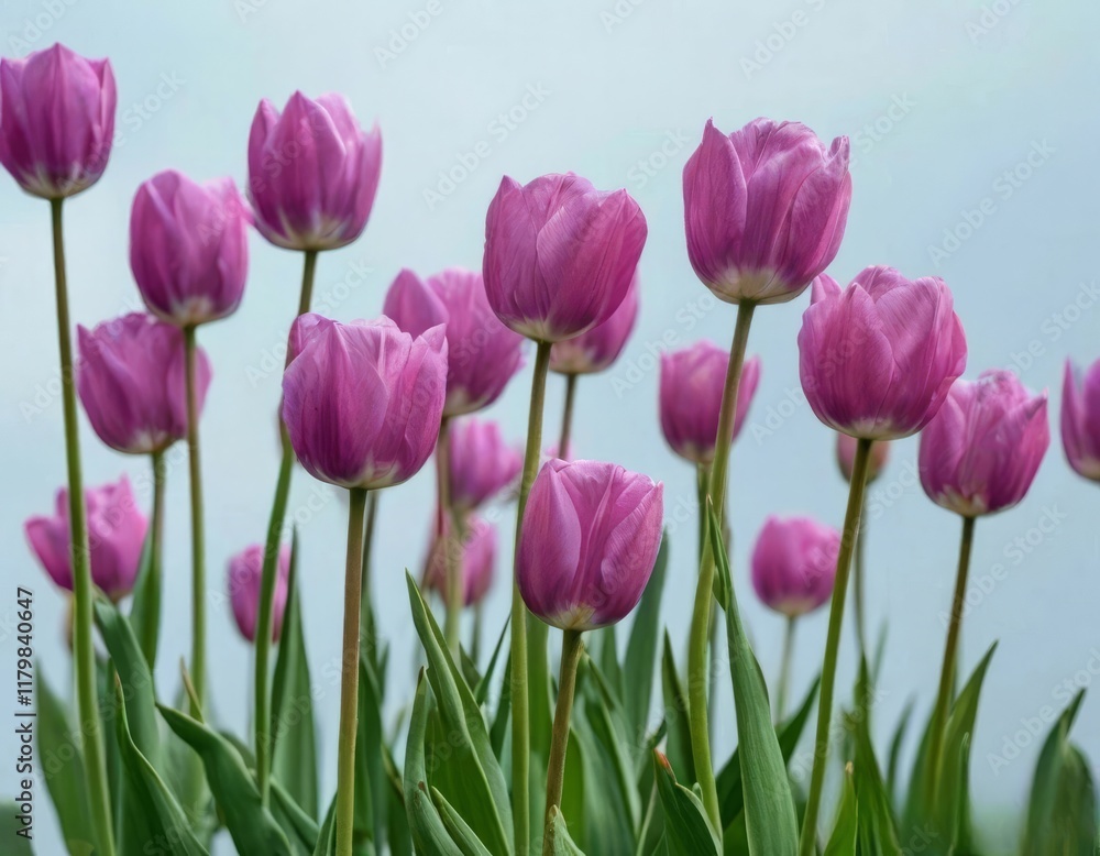 tulips with rich green leaves and a warm abstract blue background tulips with rich green leaves and a warm abstract blue background