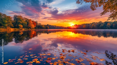 A stunning sunset reflecting on a calm lake surrounded by vibrant autumn foliage. photo