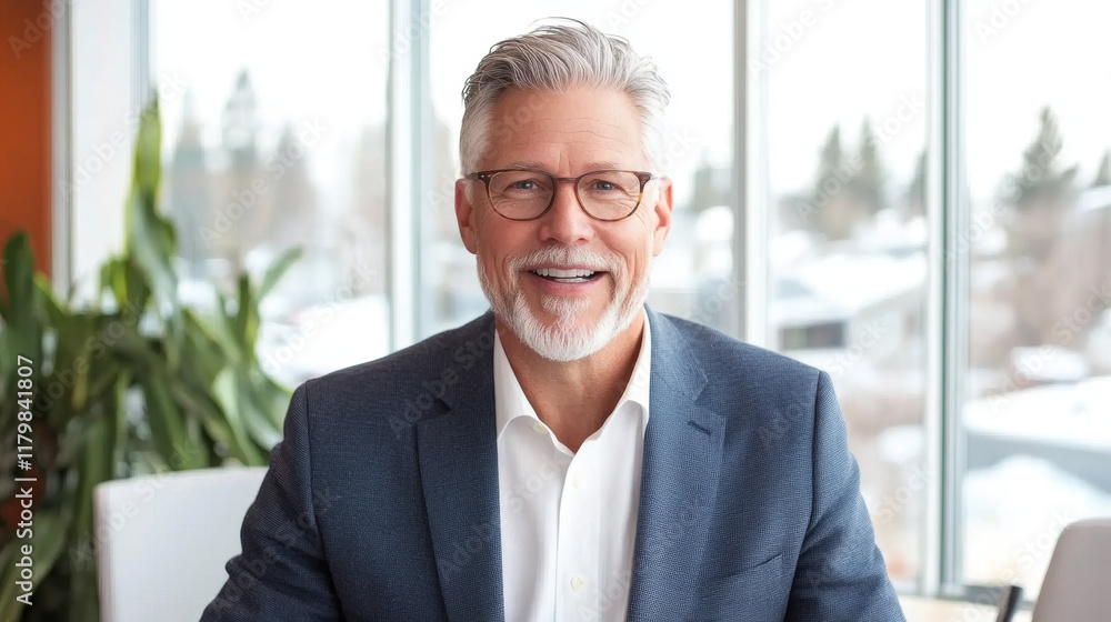 Professional man with gray hair and glasses smiling in office setting, surrounded by greenery and natural light, conveying confidence and approachability Professional man with gray hair and glasses smiling in office setting, surrounded by greenery and natural light, conveying confidence and approachability