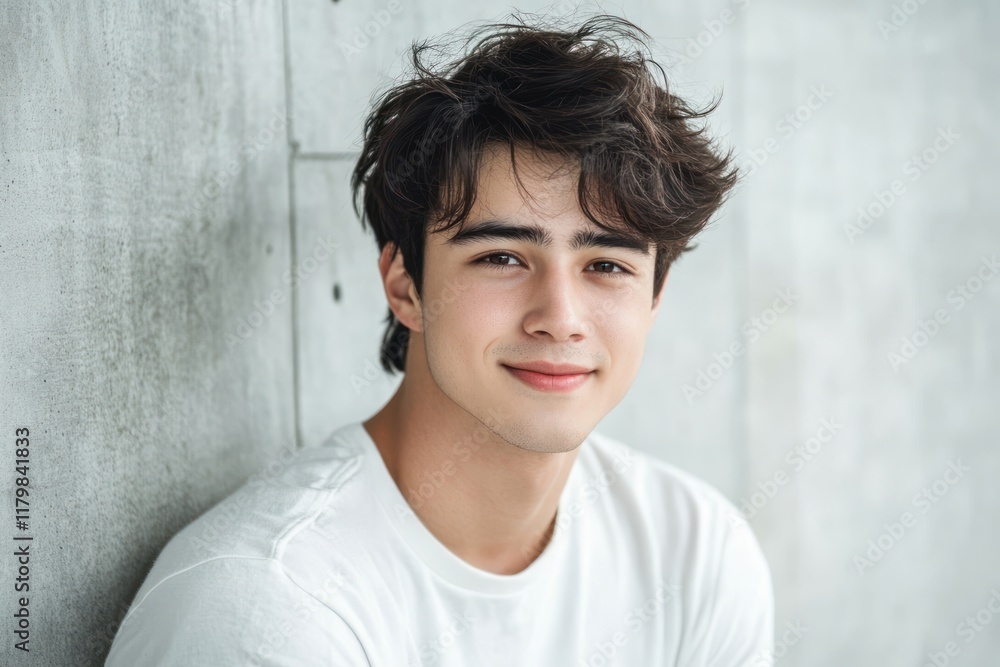 Smiling young man portrait, urban background, concrete wall, casual Smiling young man portrait, urban background, concrete wall, casual