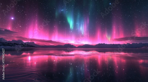 Fototapeta Naklejka Na Ścianę i Meble -  Vibrant aurora borealis reflected in a calm lake at night.