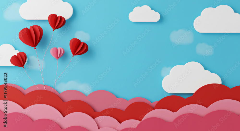 Colorful Paper Art Clouds and Heart Balloons Background Perfect for Valentine's and Romantic Decor Colorful Paper Art Clouds and Heart Balloons Background Perfect for Valentine's and Romantic Decor