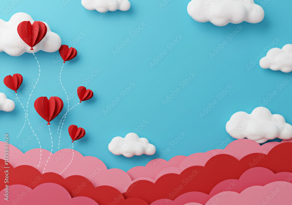 A delightful paper art background featuring white clouds and red and pink heart balloons, perfect for Valentine's Day, romantic decor, wedding invitations, and love-themed projects. A delightful paper art background featuring white clouds and red and pink heart balloons, perfect for Valentine's Day, romantic decor, wedding invitations, and love-themed projects.