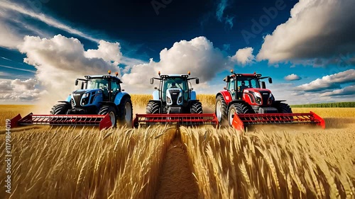 Three Tractors Harvesting a Golden Wheat Field Under a Dramatic Blue Sky with Fluffy White Clouds

 photo