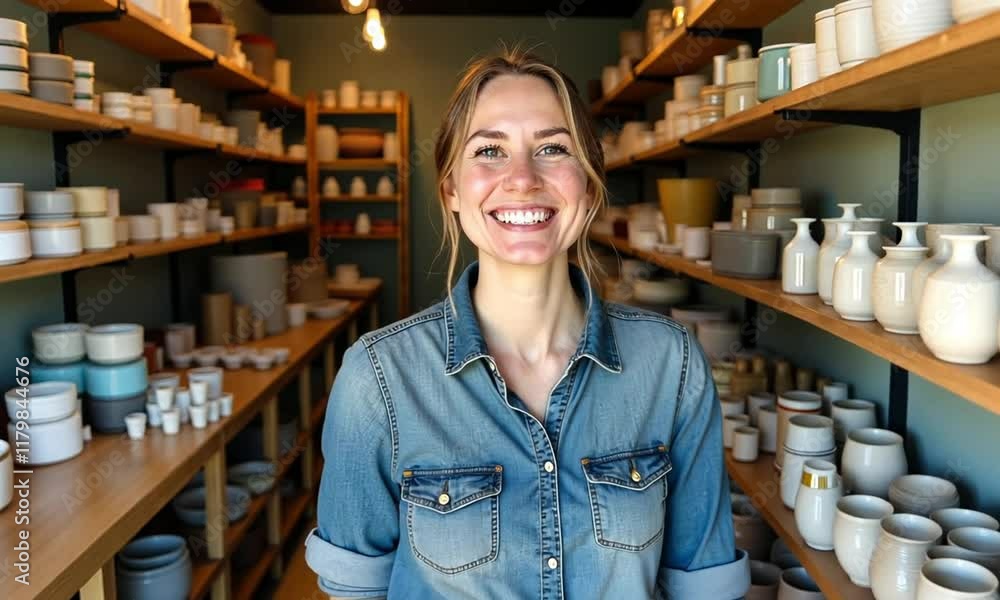 A small business owner proudly standing in their cozy shop surrounded by handmade products and a warm atmosphere A small business owner proudly standing in their cozy shop surrounded by handmade products and a warm atmosphere