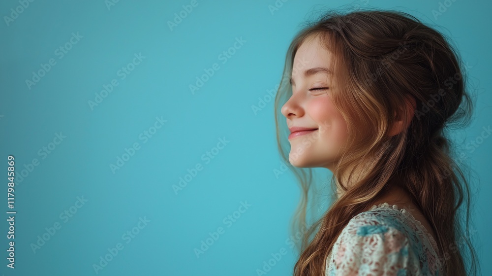 Joyful Girl Against Blue Background Smiling Joyful Girl Against Blue Background Smiling