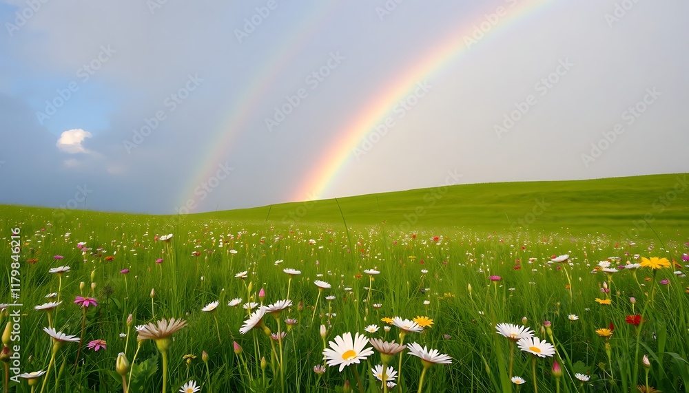 Naklejka premium Rainbow Over Wildflower Meadow Daisies Green Hills Scenic View
