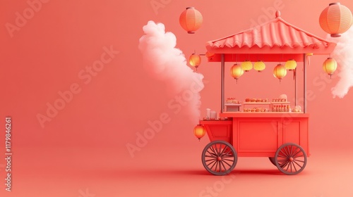 A 3D cartoon illustration of a traditional Japanese street food cart with a sleeping cat on a chair, depicted in a sci-fi style. This futuristic mobile food stall features a retro design against a photo