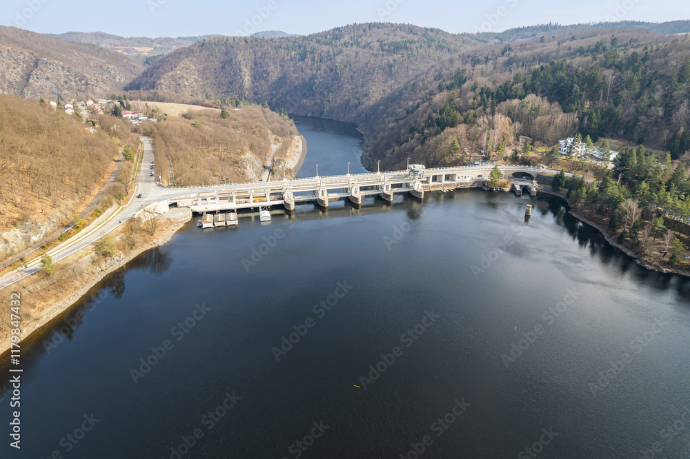 Aerial view of Water dam Slapy and its surrounding in March 2022 Aerial view of Water dam Slapy and its surrounding in March 2022