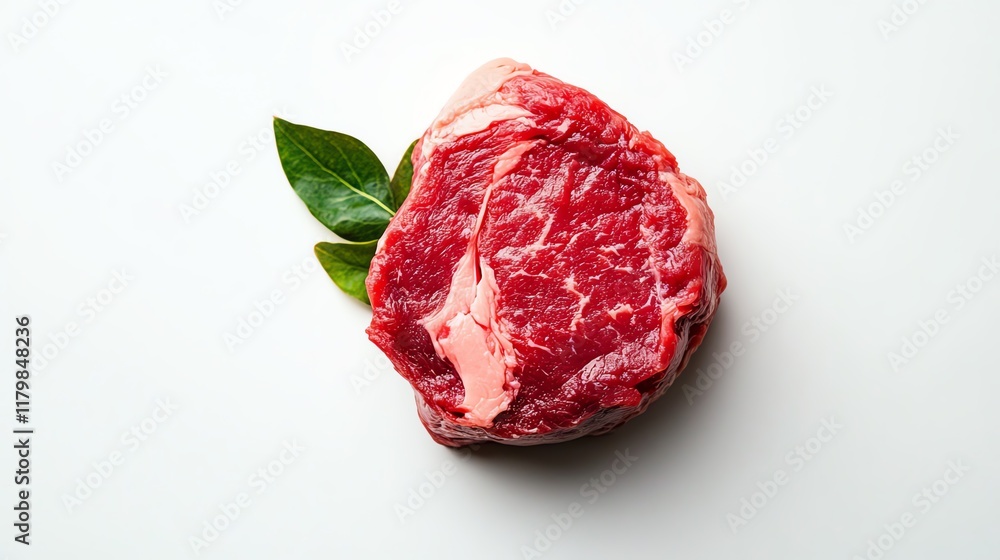 Obraz premium Fresh, marbled steak with green leaves on a white background, perfect for cooking.