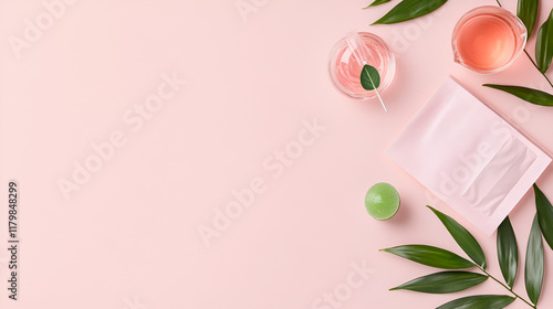 Mockup of a facial sheet mask package on pastel pink background with glassware filled pink liquid, glass ball and green leaf. Scene for advertising, space for design photo