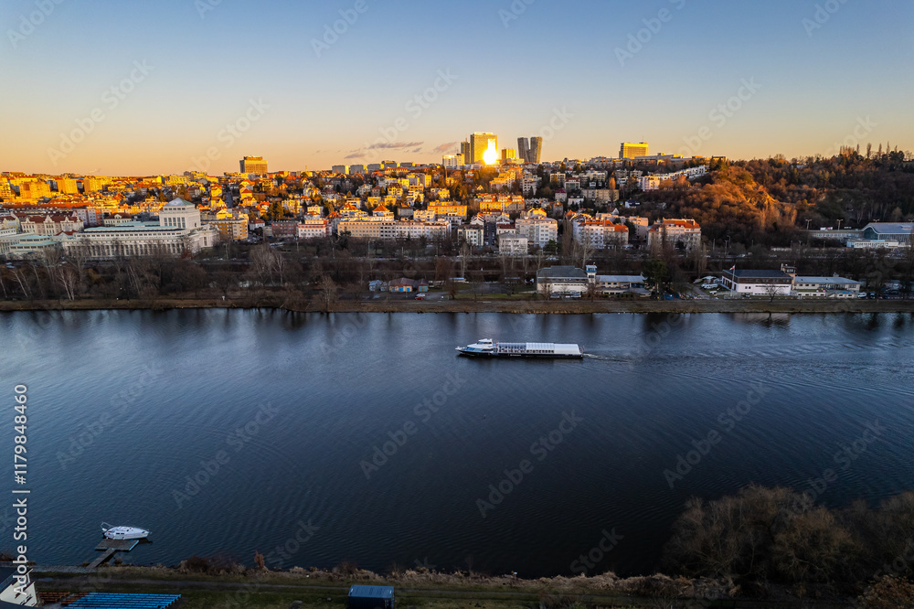 Obraz premium Aerial view of Podoli and Veslarsky ostrov of Cisarska louka in sunset, January 2022