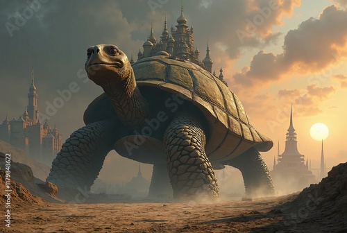 A gargantuan tortoise, its shell as large as a mountain range, trudges slowly across an endless, desolate landscape (carrying a city) photo