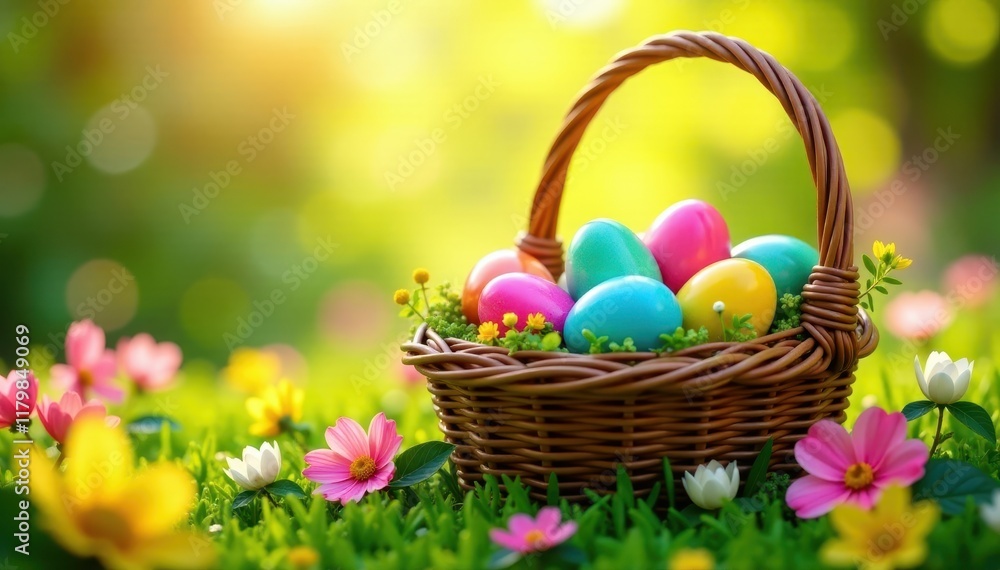 Basket overflowing with colorful eggs in the sunshine, surrounded by vibrant flowers and greenery, sunshine, garden, spring Basket overflowing with colorful eggs in the sunshine, surrounded by vibrant flowers and greenery, sunshine, garden, spring