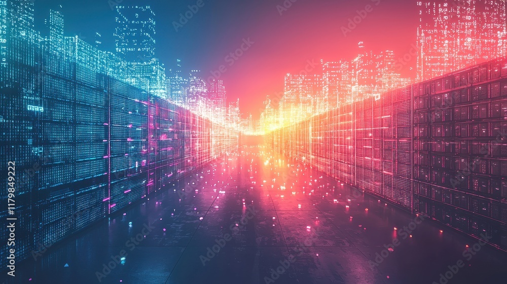Obraz premium Futuristic Digital Cityscape with Neon Lights and Abstract Data Visualizations at Night