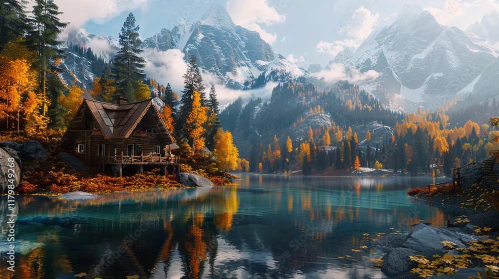 Fototapeta premium A serene mountain cabin surrounded by autumn foliage and a crystal-clear lake