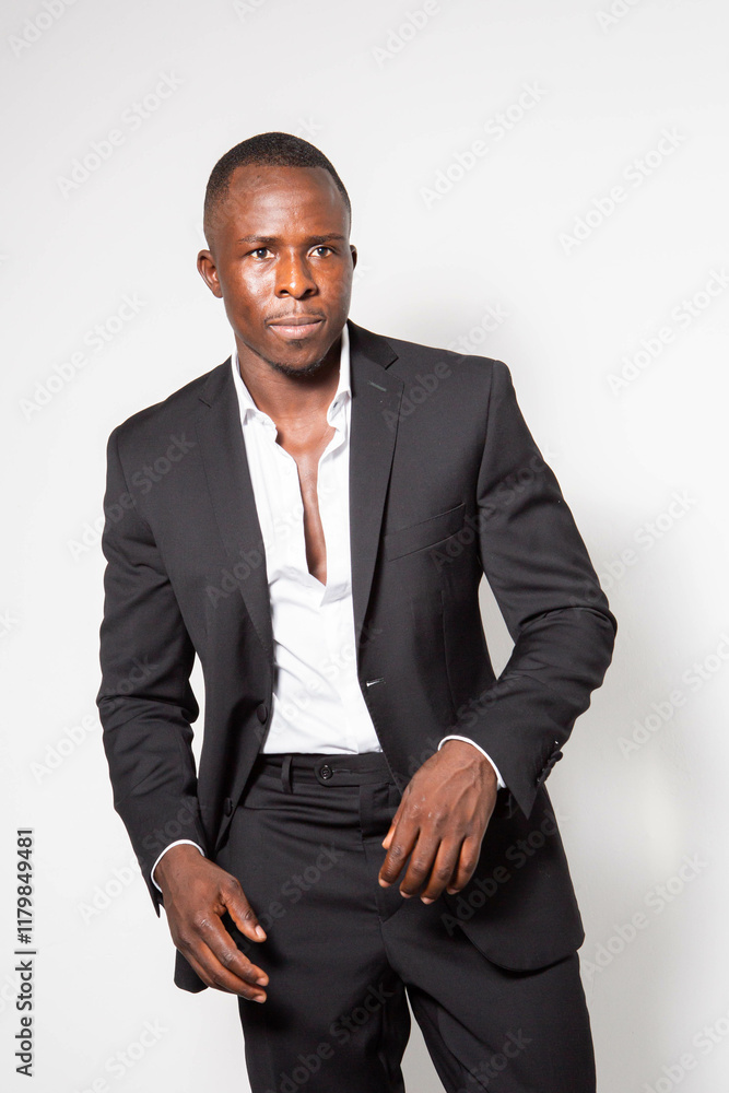 Black young businessman in a suit posing in a studio with a white background Black young businessman in a suit posing in a studio with a white background