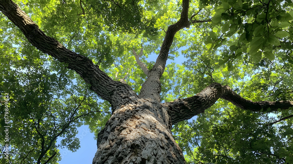 Majestic Tree Canopy View from Below with Lush Green Nature and Clear Blue Sky Majestic Tree Canopy View from Below with Lush Green Nature and Clear Blue Sky