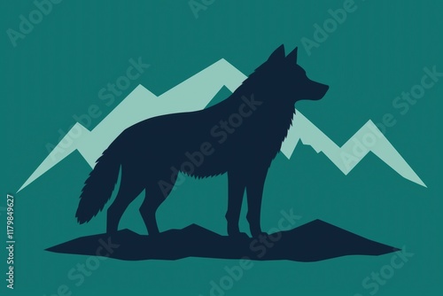 Silhouette of a Wolf Against Geometric Mountain Landscape Background photo