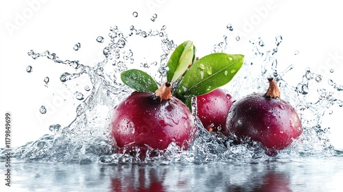 Fresh fruit splashes in water, showcasing vibrant colors and natural beauty.