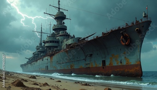  A colossal, ruined battleship stranded on a desolate coastline
