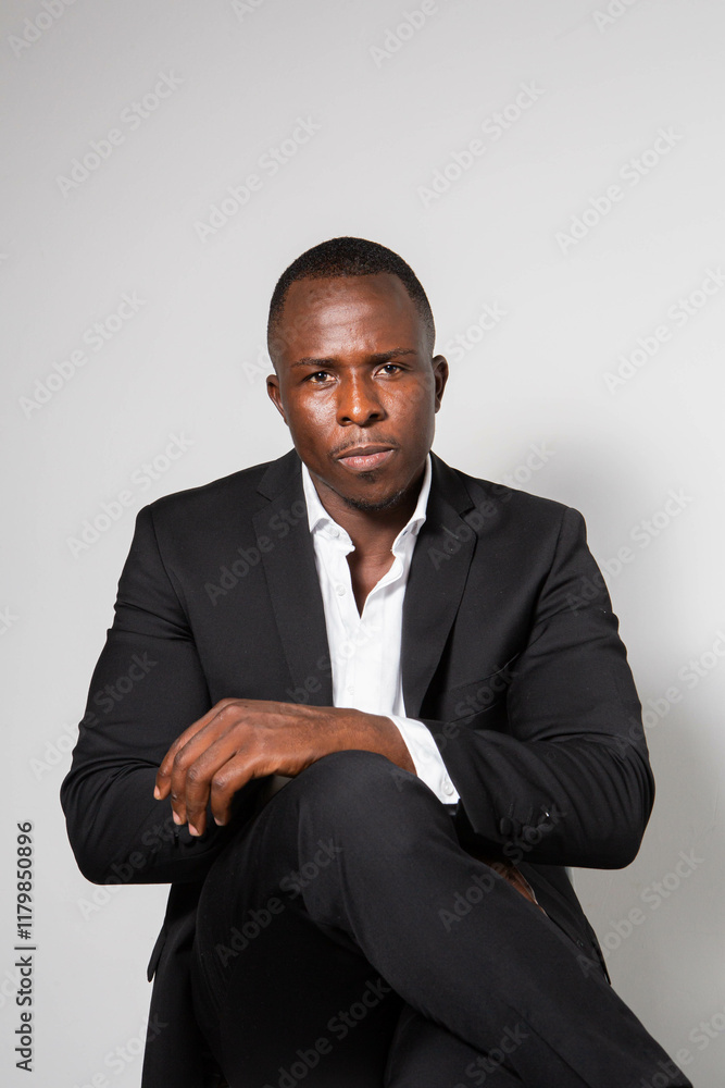 Black young businessman in a suit posing in a studio with a white background Black young businessman in a suit posing in a studio with a white background