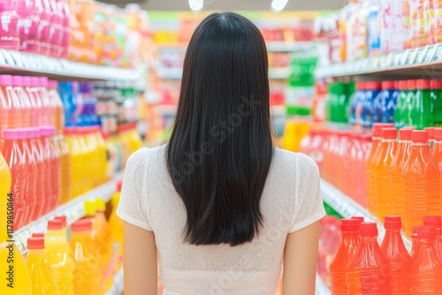 Young woman shopping in a grocery store aisle filled with colorful beverages and soft drinks, contemplating her choices with bright colors surrounding her photo