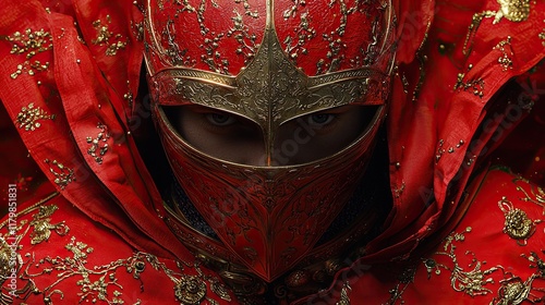 Red-armored knight intense gaze, gold detailing, dark background, fantasy portrait, game design. photo