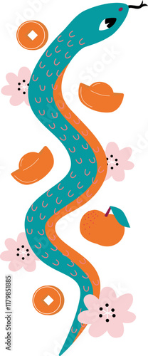 Snake with mandarin oranges and plum blossoms. Chinese zodiac green snake