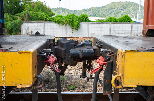 The mechanism of coupling of train cars close up, coupling of railway cars, wagon connection