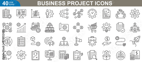 Comprehensive business project line Icons set. Related planning, team collaboration, financial growth, management and more. Vector Illustration for modern design needs.