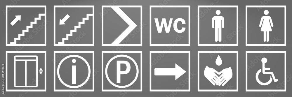 Set of silhouettes of icons signs and pointers cut out on a gray background. Icon Public Pictogram Set, informational Sign, Navigation signs, landmark, direction indicators. Vector graphics. Set of silhouettes of icons signs and pointers cut out on a gray background. Icon Public Pictogram Set, informational Sign, Navigation signs, landmark, direction indicators. Vector graphics.