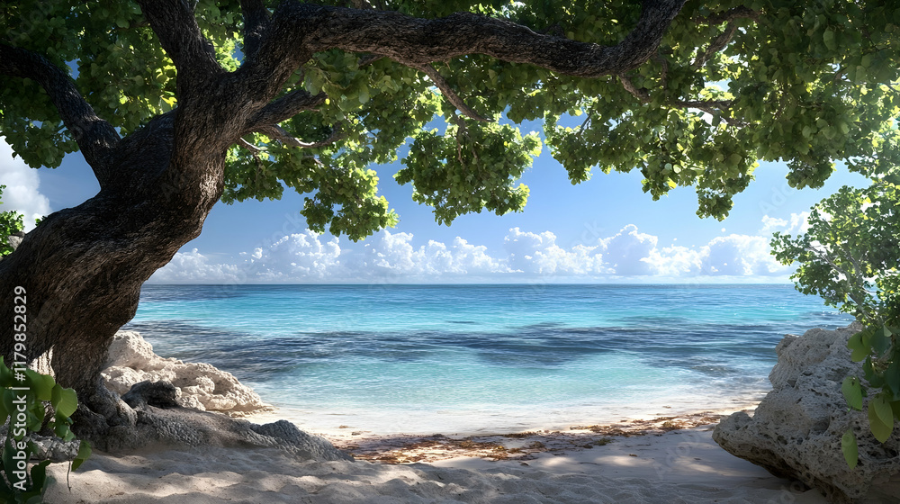 Serene Tropical Beach Landscape with Blue Ocean, White Sand, and Lush Green Trees Serene Tropical Beach Landscape with Blue Ocean, White Sand, and Lush Green Trees