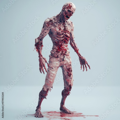 A funny 3D render of a cartoon zombie man with green skin, yellow eyes, and an open mouth sticking out his tongue, with blood stains on his body and the floor, wearing blue jeans. The lurching dead photo