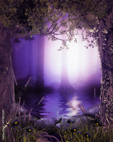Magical pond inside a enchanting fairytale deep forest view with beautiful heavenly sunset