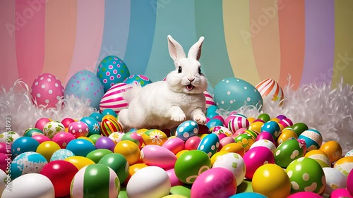 Adorable White Bunny Sitting Among Colorful Easter Eggs with a Festive Rainbow Background

 photo