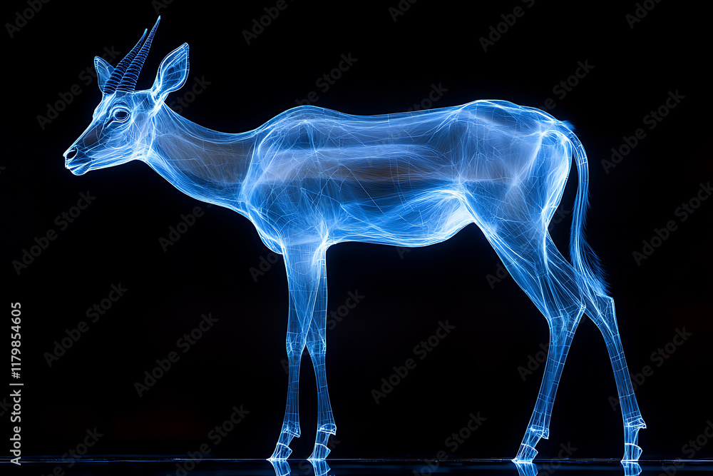 Glowing wireframe a graceful impala standing in the savannah on a transparent background, highlighted by a combination of blue and black data points
Glowing wireframe a graceful impala standing in the savannah on a transparent background, highlighted by a combination of blue and black data points