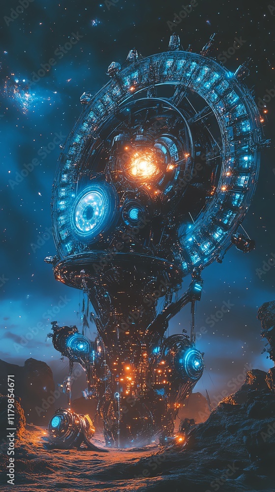 Futuristic space station illuminated by glowing lights against a starry night sky. Futuristic space station illuminated by glowing lights against a starry night sky.