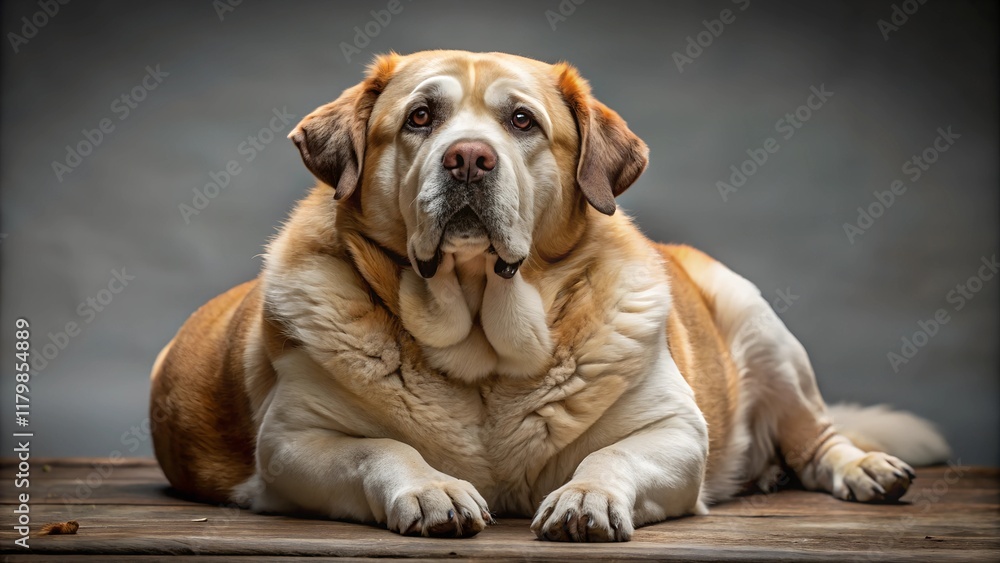 Obraz premium A large overweight dog resting on a wooden floor with a neutral background. The dog's weight highlights obesity issues and the importance of balanced nutrition and exercise.