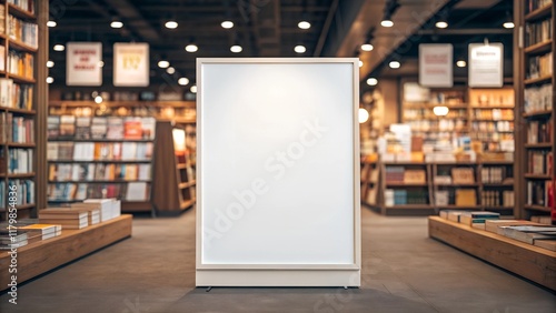 A clean, blank A2 poster mockup displayed in a cozy bookstore setting with warm lighting and wooden bookshelves. Ideal for showcasing advertisements or creative projects.